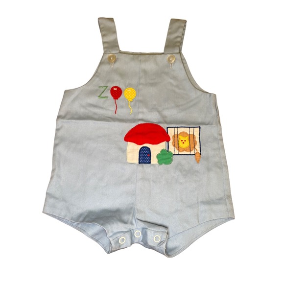 Vintage Baby Boy Zoo Overalls Romper Blue Balloons Birthday Outfit Shortall 12m - Picture 9 of 9